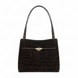 LEATHER & SUEDE CROC-EMBOSSED SHOULDER TOTE - BROWN OR CAMEL