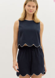 TRUE CHARM NAVY CROP WITH CONTRAST ACCENTED SCALLOP HEM