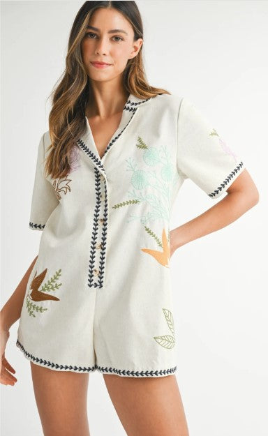 OUT AND ABOUT EMBROIDERED LINEN BLEND ROMPER