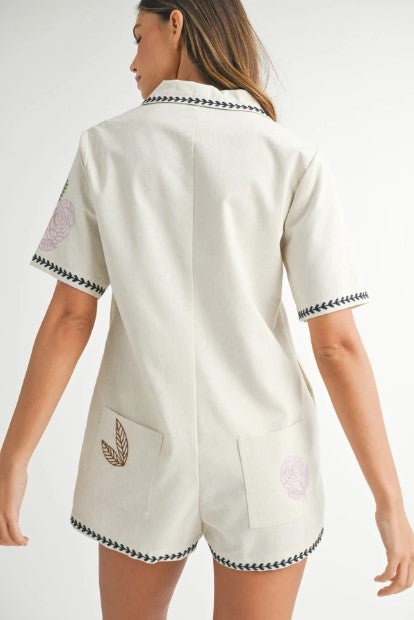 OUT AND ABOUT EMBROIDERED LINEN BLEND ROMPER