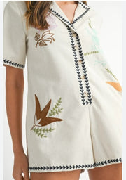 OUT AND ABOUT EMBROIDERED LINEN BLEND ROMPER