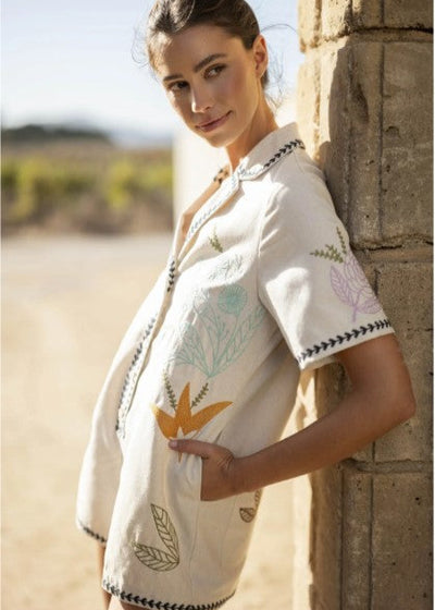 OUT AND ABOUT EMBROIDERED LINEN BLEND ROMPER