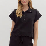 CASUAL PARTY SCALLOP SNAP FRONT TOP - BLACK, BURGUNDY OR OLIVE