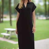 CASUAL HANGOUT KNIT SPLIT COLLAR DRESS - BLACK OR BURGUNDY