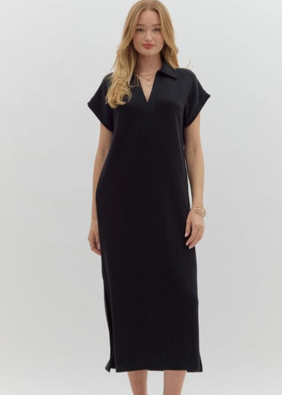 CASUAL HANGOUT KNIT SPLIT COLLAR DRESS - BLACK OR BURGUNDY