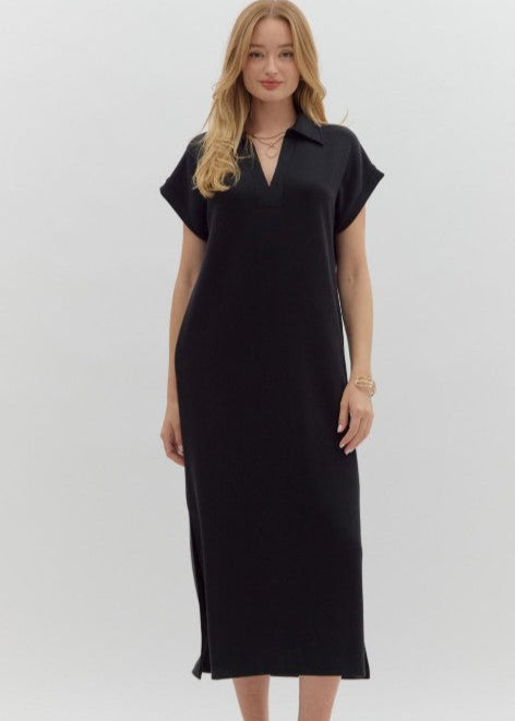 CASUAL HANGOUT KNIT SPLIT COLLAR DRESS - BLACK OR BURGUNDY