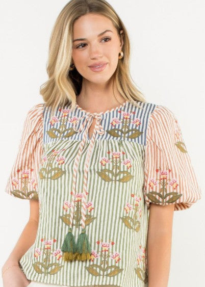 GARDEN GYPSY EMBROIDERED PUFF SLEEVE STRIPE BLOUSE