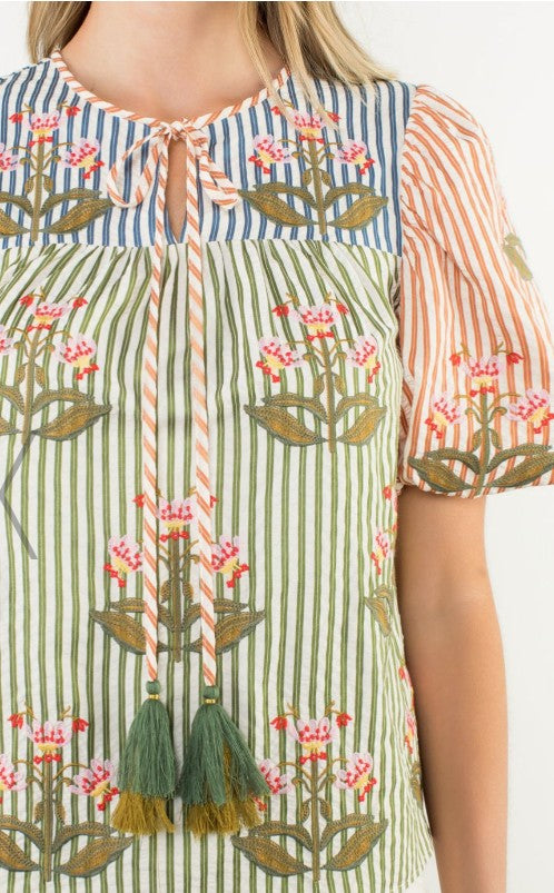Close-up of a patterned dress with floral and striped design.