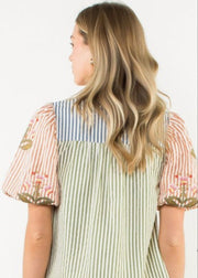 GARDEN GYPSY EMBROIDERED PUFF SLEEVE STRIPE BLOUSE