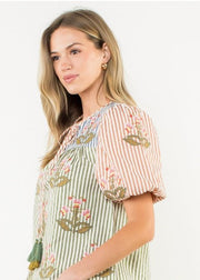 GARDEN GYPSY EMBROIDERED PUFF SLEEVE STRIPE BLOUSE