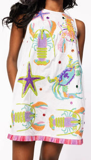 QUEEN OF SPARKLES CRAB STARFISH & LOBSTER FRINGE DRESS
