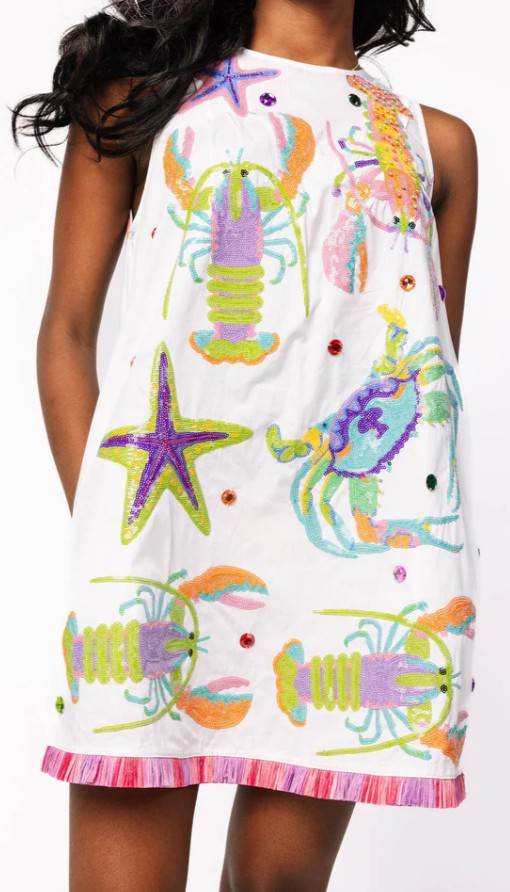 QUEEN OF SPARKLES CRAB STARFISH & LOBSTER FRINGE DRESS