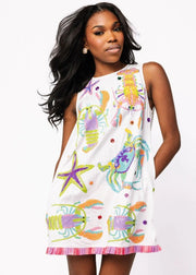 QUEEN OF SPARKLES CRAB STARFISH & LOBSTER FRINGE DRESS