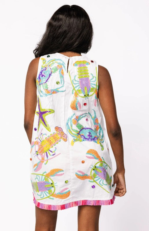 QUEEN OF SPARKLES CRAB STARFISH & LOBSTER FRINGE DRESS