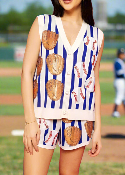 QUEEN OF SPARKLES:  ROYAL & WHITE STRIPE BASEBALL TANK VEST