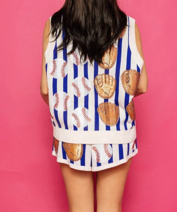 QUEEN OF SPARKLES:  ROYAL & WHITE STRIPE BASEBALL TANK VEST