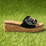 CORKYS REALITY WEDGE SANDALS IN BLACK