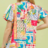 COLORFUL COASTLINE ABSTRACT PRINT BLOUSE