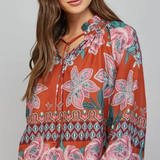 BUBBLY BLOOM FLORAL BORDER PRINT RUFFLE BLOUSE