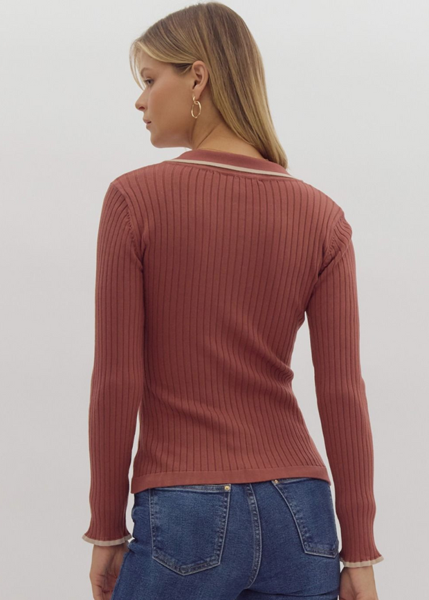 SWEET AS CINNAMON BUTTON UP RIBBED SWEATER TOP