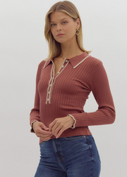 SWEET AS CINNAMON BUTTON UP RIBBED SWEATER TOP