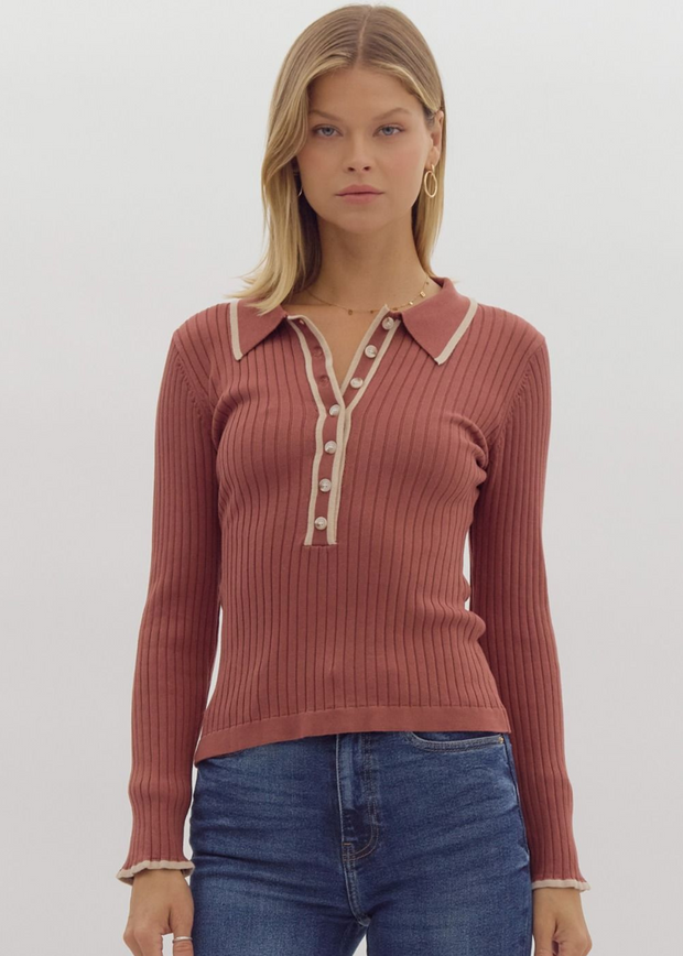 SWEET AS CINNAMON BUTTON UP RIBBED SWEATER TOP