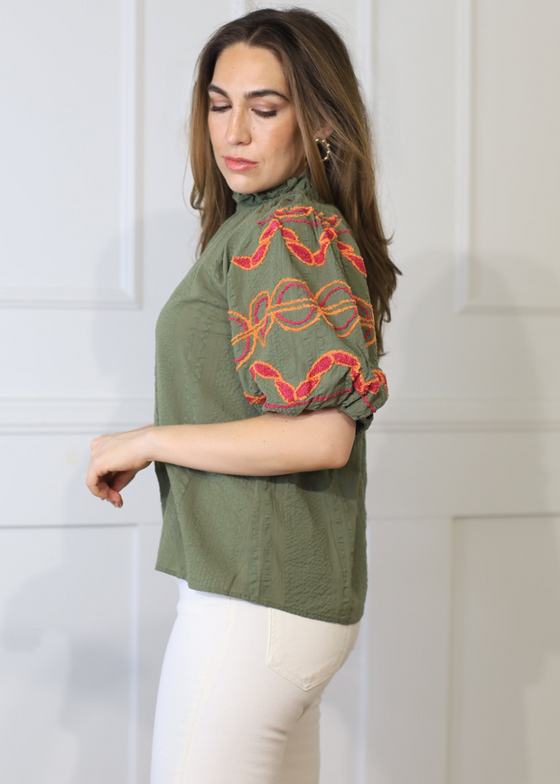 TAKE NOTICE OLIVE HAND EMBROIDERED PUFF SLEEVE TOP