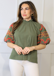 TAKE NOTICE OLIVE HAND EMBROIDERED PUFF SLEEVE TOP