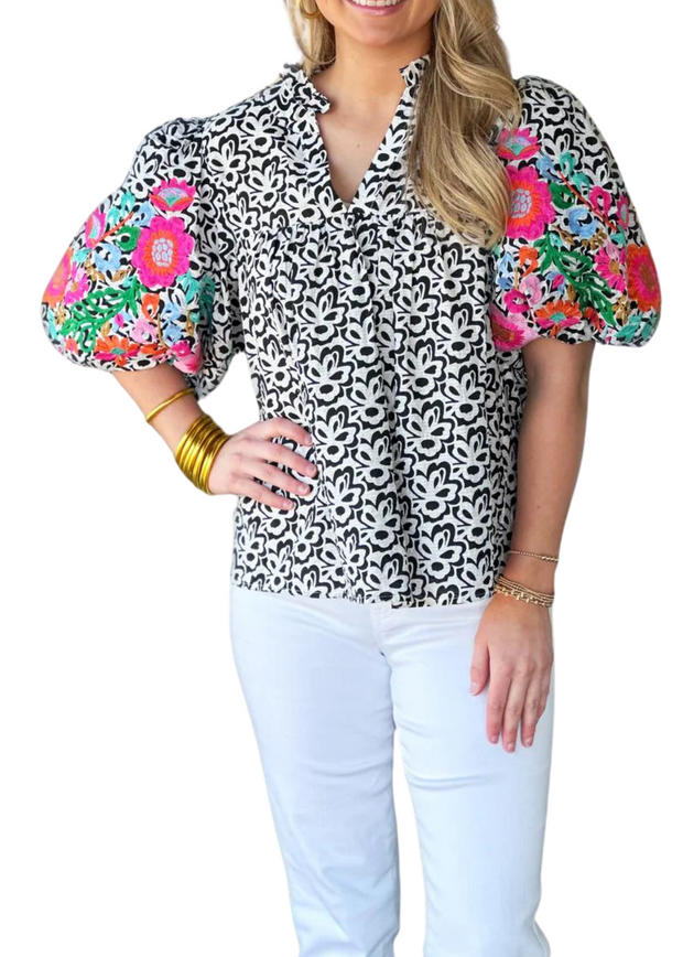MEADOW MAGIC EMBROIDERED PUFF SLEEVE PRINTED TOP