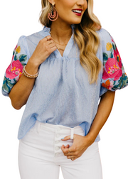 MALORIE BLUE STRIPED EMBROIDERED PUFF SLEEVE TOP