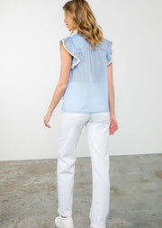 SPRINGTIME BLUE STRIPED EMBROIDERED DETAIL TOP