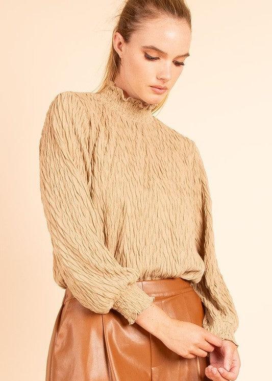 STYLISH APPEAL TEXTURED TURTLENECK CARAMEL TOP