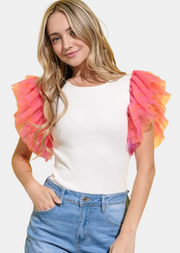 TOO CUTE TWO TONE TULLE SLEEVE TOP