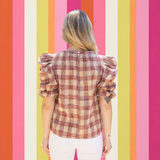 PLAID TO MEET YOU RUFFLE SLEEVE TOP