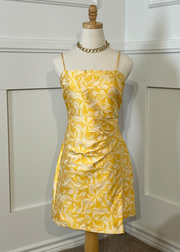BURST OF SUNSHINE RUCHED FLORAL YELLOW DRESS