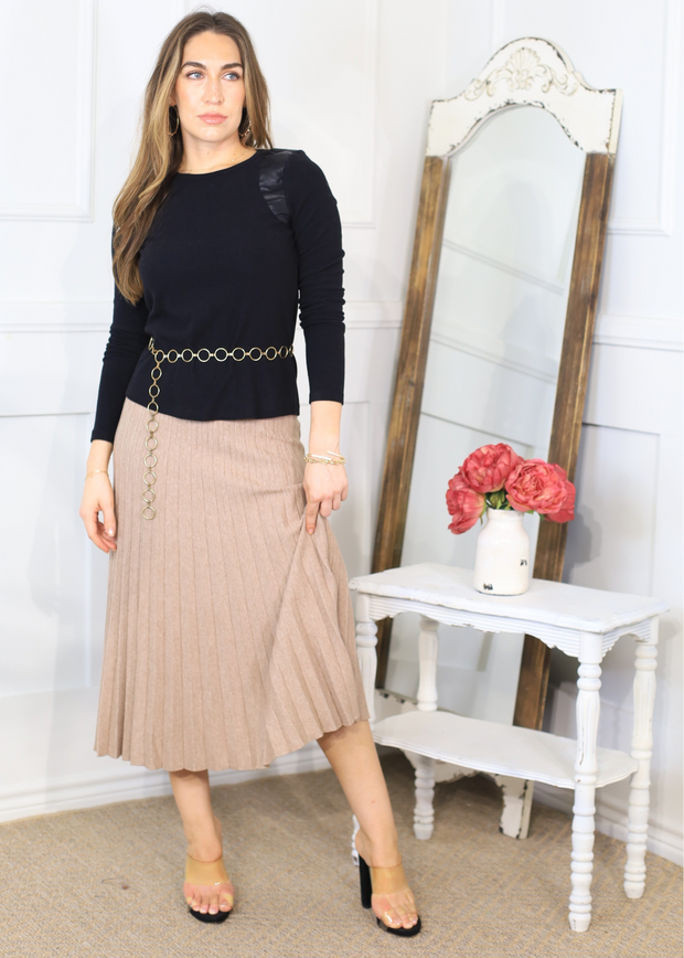 URBAN ELEGANCE MOCHA PLEATED SWEATER MIDI SKIRT