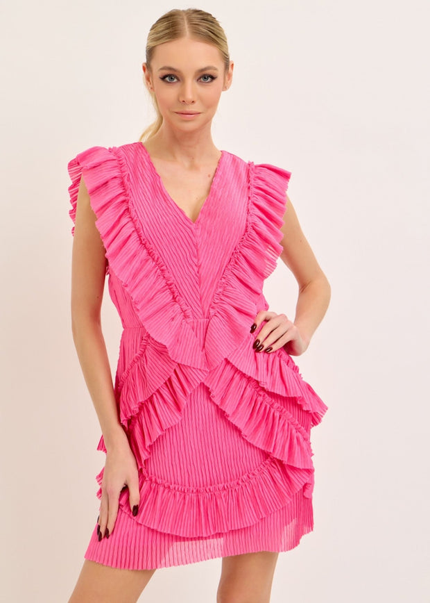 SOCIAL SEASON HOT PINK RUFFLE MINI DRESS