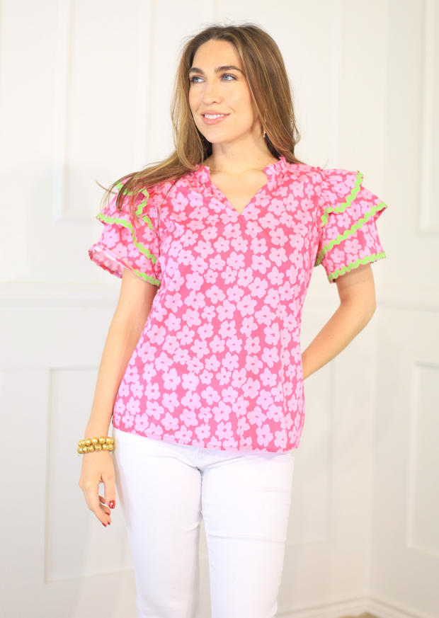 BLOOM TO BE PINK RUFFLE SLEEVE TOP