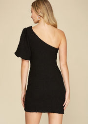 BUBBLE SLEEVE ONE SHOULDER TEXTURED DRESS