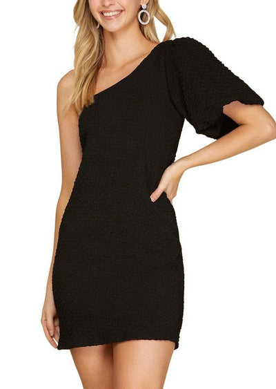 BUBBLE SLEEVE ONE SHOULDER TEXTURED DRESS