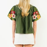 BETTER DAYS AHEAD OLIVE EMROIDERED PUFF SLEEVE TOP
