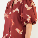 ONLINE EXCLUSIVE:  HOWDY COWGIRL PUFF SLEEVE BOOTS PRINT DRESS