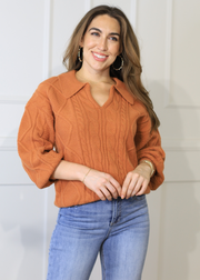 ON THE POST CABLE KNIT CARAMEL SWEATER TOP