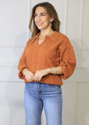 ON THE POST CABLE KNIT CARAMEL SWEATER TOP