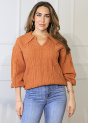 ON THE POST CABLE KNIT CARAMEL SWEATER TOP