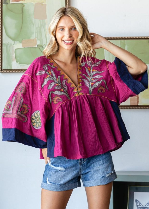 WEEKEND WANDERING EMBROIDERED GAUZE TOP - MAGENTA OR OLIVE