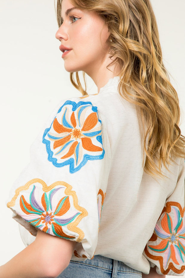 DRIVING TO THE COAST EMBROIDERED PUFF SLEEVE TOP