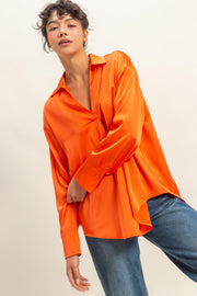 STUNNING VIBES LONG SLEEVE SILKY BLOUSE - RED OR ORANGE
