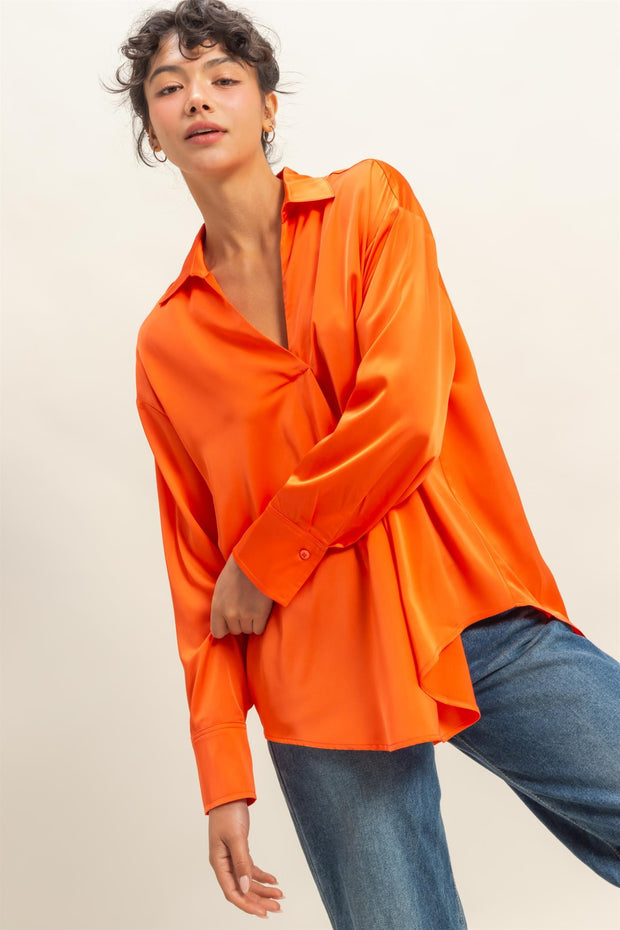 STUNNING VIBES LONG SLEEVE SILKY BLOUSE - RED OR ORANGE
