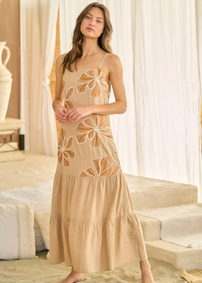 SEASIDE RESORT TAUPE FLORAL EMBROIDERED DRESS